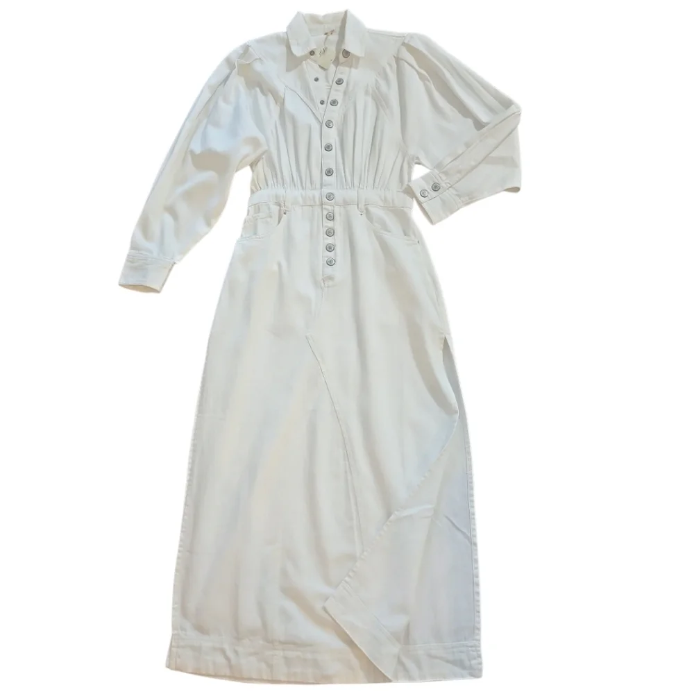 NWT Free People Mad Love Denim Midi Dress Off White Cotton Long Sleeve XS NWT